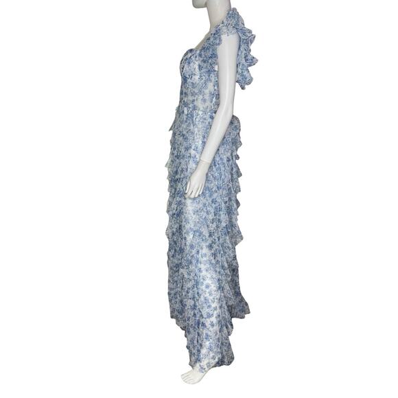 City Studios Juniors' Ruffled Off-The-Shoulder Corset Gown White/Navy Sz 13/14 - Picture 5 of 11